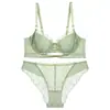 Conjunto de sutiã e calcinha de renda de algodão fino, com design vazado sexy, estilo francês popular europeu e americano, minimiza seios grandes e previne a flacidez
