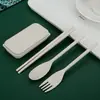 Mesa dobrável Utensílios de mesa Caixa de talheres de palha de trigo Conjunto portátil para estudantes ao ar livre Conjunto de três peças Faca, Garfo e Colher Venda por Atacado