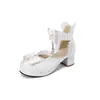 Sandalias de tacón medio con lazo dulce y volantes, estilo caramelo, con puntera y lateral calados, Zapatos Mary Bead 28-43 Zapatos para padres