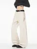 Pantalones casuales para hombre de algodón puro, corte diagonal, bordados, color blanco roto, marca de moda high-street, pantalones de trabajo de pierna recta, holgados, ligeramente acampanados, pantalones largos