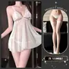 Lingerie Sexy com Vestido Transparente de Renda Furadinha em Malha, Saia com Gravata Borboleta e Toque Velado Franzido