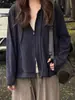 Cardigan con capucha azul estilo coreano para mujer, nuevo para otoño, holgado, adelgazante, sudadera, top de nicho con cremallera