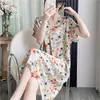 Novo estilo de camisola de algodão e seda feminina primavera e outono verão manga curta pijama solto estampado estilo coreano plus size algodão e seda roupas para casa