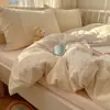 Conjunto de Roupa de Cama de Quatro Peças Estilo Renda Francesa 100% Algodão Classe A Estilo Coreano Capa de Edredom de Algodão Puro Lençol de Cima Lençol com Elástico Dormitório Três Peças