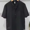 Camisa de lino estilo japonés para hombre, manga corta, top fino transpirable para el verano 2026, camisa simple de color liso de algodón y lino