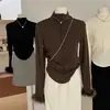 Camiseta Básica Cuello Medio Mujer Otoño e Invierno Más Terciopelo Fino Ajustada Esponjosa Manga Larga Diseño de Camiseta de Atmósfera Top Interior