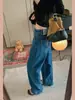 Jeans de Pierna Recta Estrecha de Tiro Alto para Mujer, Lavado Enzimático Azul Vintage, Pierna Ancha, Bordado de Letras con Diseño, Estilo Coreano Adelgazante