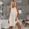 Vestido Feminino de Algodão e Linho Estilo Europeu e Americano com Babados 2026 Nova Coleção Primavera/Verão Nicho Alça Cor Sólida Curto
