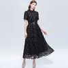Vestido de encaje francés negro con lentejuelas, solapa y manga corta, de línea A a media pierna, para mujer, venta al por mayor transfronteriza