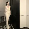 Vestido de tiras cruzadas en la espalda con nudo retorcido, cuello halter tipo swing y aplicaciones de encaje, con cinta para el cuello, Vestido para brindis de cumpleaños