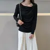 Camiseta de manga larga con cuello de volantes de acetato, minimalista y sofisticada para mujer, nuevo estilo primavera-verano, elegante y madura con una bonita caída.