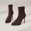 1082A Outono e Inverno Camurça Forrado com Fleece Bico Fino Preto Salto Alto Feminino Stiletto Elegante Impermeável Plataforma Aumentando Pernas Botas Curtas Slim