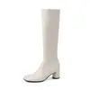 Botas largas de caña alta ajustadas estilo diosa de piernas largas 2026 otoño/invierno tacón medio grueso punta redonda piel de oveja elásticas de caña ajustada para mujer talla 42