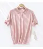 Nueva Colección Primavera-Verano 2026 Estilo Lana Peinada Color Sólido Diseño de Botones Camiseta Holgada Cuello Polo Delgado Manga Corta Tejida para Mujer