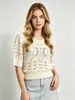Venta al por mayor transfronteriza desde la fábrica de origen: Suéter hueco de manga abullonada con pedrería para mujer Primavera/Verano, top de ganchillo con patrón de diamantes para mujer