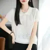 Estilo Nuevo Primavera/Verano Cuello Solapa Color Sólido Tejido de Bambú Lentejuela Manga Corta Casual Coreano Versátil Camisa de Punto Top Delgado Ropa de Mujer