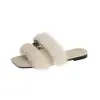 Pantuflas únicas y sofisticadas de piel de conejo con hebilla metálica para mujer, nuevas pantuflas planas sin cordones de gamuza para usar en exteriores