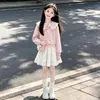 Conjunto de Duas Peças Infantil Primavera e Outono Estilo Coreano Moda Personalidade Moletom de Manga Longa Conjunto de Saia Doce Fofo com Laço