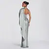 Vestido de Noite Europeu e Americano Feminino de Um Ombro com Manga Fluida Cintura Marcada Cauda de Peixe Traje para Banquete e Brinde Vestido de Noite para Anfitriã Azul