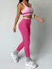 Popular Conjunto de Yoga Dos Piezas para Mujer con Bloques de Color Rosa, Cruzado en la Cintura, Cintura Alta, Levantamiento de Glúteos, Secado Rápido, Tanque Deportivo y Pantalones Largos