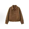 Nova Jaqueta Baseball de Suede Sintético Vintage Solta de Gola Reversível de Alto Padrão para Mulheres da Primavera e Outono