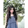 Top de tubo de cuadros azules Diseño de nicho Verano Retro Falda de doble uso Dulce Sexy Adelgazante Top Moderno