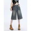 Jeans cropped feminino estilo retrô americano, tendência verão 2026, novo, cintura alta, solto, modelador, perna larga, comprimento médio