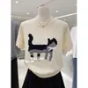 Top de Malha Jacquard Gatinho Preto com Gola Redonda e Manga Curta para Mulheres Design de Verão T-shirt Bordada Coreana no Ombro Direito