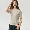 75% cachemira, 25% seda de morera - suéter tejido vintage de manga corta estilo "old money" para mujer, cuello redondo, tejido de ochos tridimensional