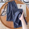 Pantalones de Lino Rayados Azul Marino de Pierna Ancha para Mujer, Estilo Delgado, Nuevo Modelo Verano 2026, Pantalones Casuales Fluidos de Algodón Lino Tencel