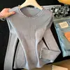 Suéter de punto acanalado de manga larga con cuello redondo y volantes en color gris para mujer, principios de otoño, de alta gama, corte ajustado, único y no convencional