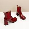 Botines Gruesos de Punta Redonda para Mujer, Nuevo Estilo Otoño/Invierno 2026, Botines de Charol de Tacón Alto, Súper Elegantes, Disponibles en Varias Tallas, Botas Chelsea, Rojo