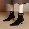 Elegante e elegante, botas de cano alto de cashmere anti-lã, inverno 2024, bico fino, couro, fivela de metal, botas de viajante para mulheres