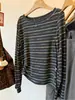 Conjunto estilo coreano listrado cinza justo de manga comprida top de malha básico para mulheres outono petite curto fino top de baixo