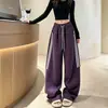 Calça de Moletom Roxa Listrada Americana Feminina 2026 Outono Cintura Alta Fluida Longa Solta Emagrecedora Casual Esportiva Perna Larga
