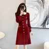 Vestido Retro Francés para la Hora del Té Otoño Invierno Manga Larga de Punto Manga de Farol Prenda Interior Vestido de Lana Cita Vestido Rojo Pequeño