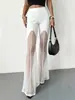 Pantalones acampanados sexy de malla negra con paneles, cintura alta, diseño adelgazante y transparente, pantalones de pierna ancha ajustados en estilo recto blanco