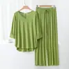 Conjunto de Pijama Casual Fino com Gola V em Modal 2025, Camiseta de Manga 3/4 Estilo Coreano, Tamanho Grande, Efeito Emagrecedor, Conjunto de Duas Peças para Mulheres