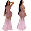 C7825 Transfronterizo 2026 nuevo vestido de fiesta rosa transparente de malla con pedrería sin mangas ajustado para mujer