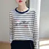 Suéter de punto a rayas transfronterizo para mujer, cuello redondo, manga larga, corte holgado, adelgazante, versátil, elegante y juvenil