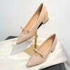 Sapatos Femininos com Aumento Interno de Altura, Laço, Bico Levemente Aberto, Salto Bloco, Novo Estilo Francês 2025, Bico Fino, Salto Alto Baixo