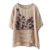 Camiseta China de Verano de Algodón y Lino de Talla Grande para Mujer con Estampado de Estilo Étnico Retro, Corte Holgado y Adelgazante