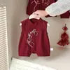 Macacão de Verão para Bebê Estilo Chinês Tradicional com Ombros Largos, Macacão Fino Vermelho Festivo para Mês Completo, Centésimo Dia, Aniversário