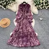 Vestido Estilo Francês Suave com Estampa de Laços para Mulheres Primavera e Outono Manga Longa Decote V Cintura Marcada Emagrecedor Linha A Elegante Saia Longa