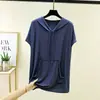 Nova Camiseta com Capuz de Modal de Verão para Mulheres, Manga Curta Juvenil Solta Casual Simples com Bolso Tamanho Plus