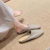Mules Slip-On Quadradas de Couro Genuíno Granulado de Couro de Grão Superior Macio para Mulheres, Sapatos Meio Passo Planos com Solas de Couro Bovino Macio