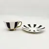 Juego de Taza y Platillo para Café Estilo Retro Blanco y Negro Rayado Estilo Europeo con Borde Dorado para Hogar y Oficina Taza para Desayuno Leche Taza de Café