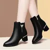 Botines de cuero suave para mujer, punta redonda, negros, versátiles, talla grande, botines cortos de cuero, tacón grueso, forrados de vellón para abrigar, botines color nude para mujer, botines de cuero de algodón