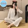 Ropa de casa dulce estilo coreano para mujer, cárdigan de otoño con estampado floral, con copas fijas en el pecho, pijama de manga larga y pantalón largo