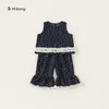 Conjunto Bosque Bangxuan Ropa Infantil para Niñas Estampado Completo Chaleco sin Mangas con Encaje Pantalones Acampanados Conjunto de Dos Piezas Infantil de Moda
